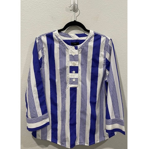 J.CREW Poplin Stripe Button-Front White Blue Blouse - Picture 1 of 3